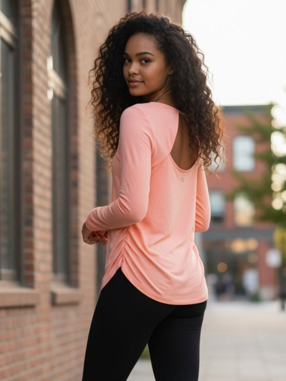 CALIA Coral Pink Open Back Ruched Long Sleeve Workout Top Gym Athleisure sz L